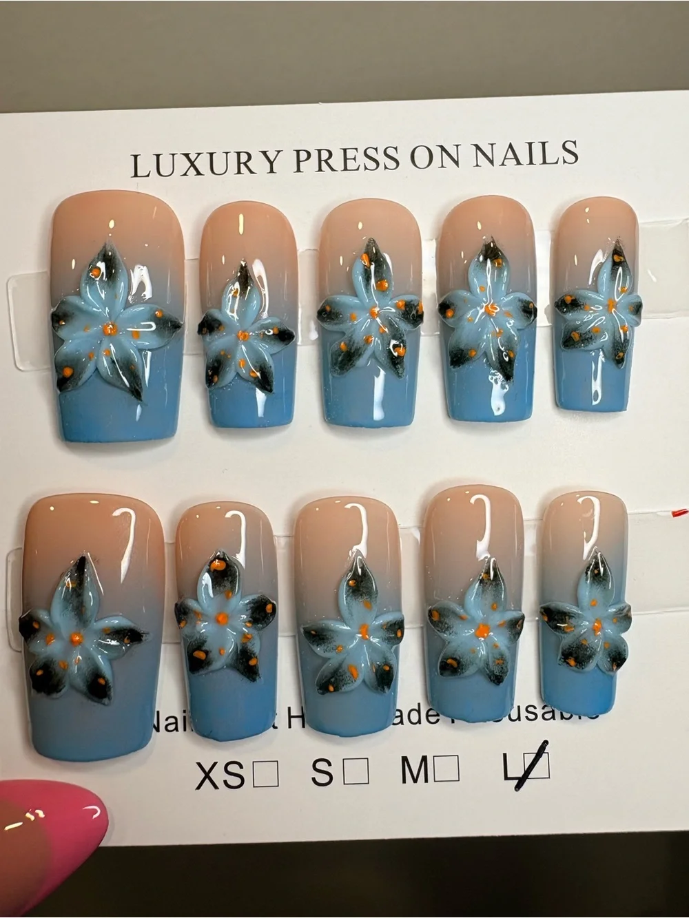 Blue Ombre Press-On Nails with 3D Floral Accents